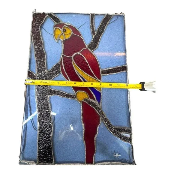 Handcrafted Signed Stained Glass Scarlet Macaw Parrot Wall Art Artisan Panel 18